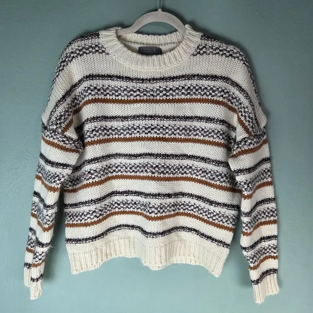 Elsamanda Sweater Womens S Cream Wool Alpaca Blend Striped Chunky Knit Pullover